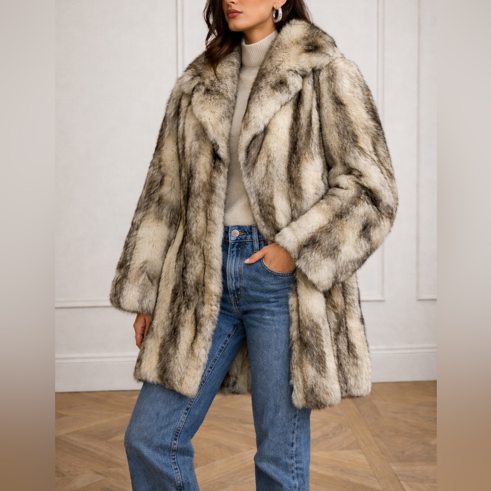 Tissavel French Faux Fur Coat Made In England Grey White Mid Length Sz 16